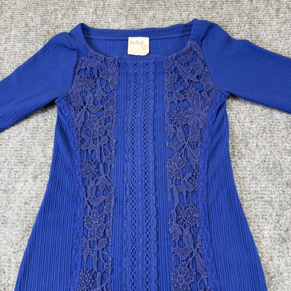 Free People Royal Blue Ribbed Knit Lace Panel‎ Dress Small cottage cor whimsical - Picture 4 of 16